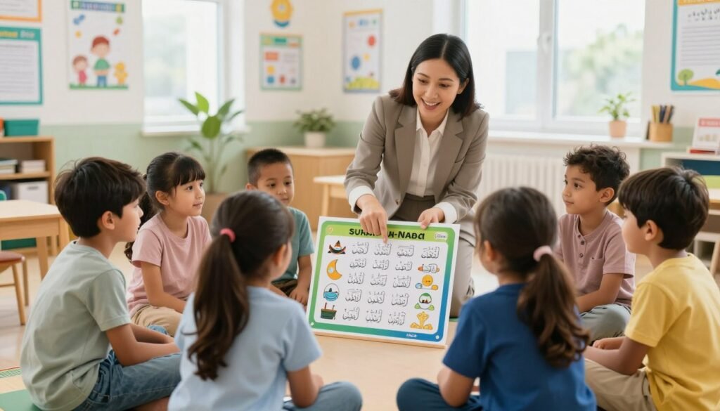 A vibrant and engaging classroom scene showing young children, ages 5-8, eagerly participating in a visual sequential learning session for memorizing the Quran. In the foreground, a diverse group of children dressed in modest casual clothing are gathered around a colorful, interactive poster of Surah An-Naba (verses 9-12) which depicts key images representing the verses. In the middle, a caring teacher, dressed in professional attire, guides them through the process, pointing at the poster while smiling encouragingly. The background features a bright, well-lit classroom with educational posters on the walls and natural light streaming through large windows, creating an uplifting atmosphere. The mood is cheerful and focused, emphasizing the transformation from short-term to long-term memory. Include the brand name "Ayah & Tardeed" subtly placed on the poster. A vibrant and engaging classroom scene showing young children, ages 5-8, eagerly participating in a visual sequential learning session for memorizing the Quran. In the foreground, a diverse group of children dressed in modest casual clothing are gathered around a colorful, interactive poster of Surah An-Naba (verses 9-12) which depicts key images representing the verses. In the middle, a caring teacher, dressed in professional attire, guides them through the process, pointing at the poster while smiling encouragingly. The background features a bright, well-lit classroom with educational posters on the walls and natural light streaming through large windows, creating an uplifting atmosphere. The mood is cheerful and focused, emphasizing the transformation from short-term to long-term memory. Include the brand name "Ayah & Tardeed" subtly placed on the poster.