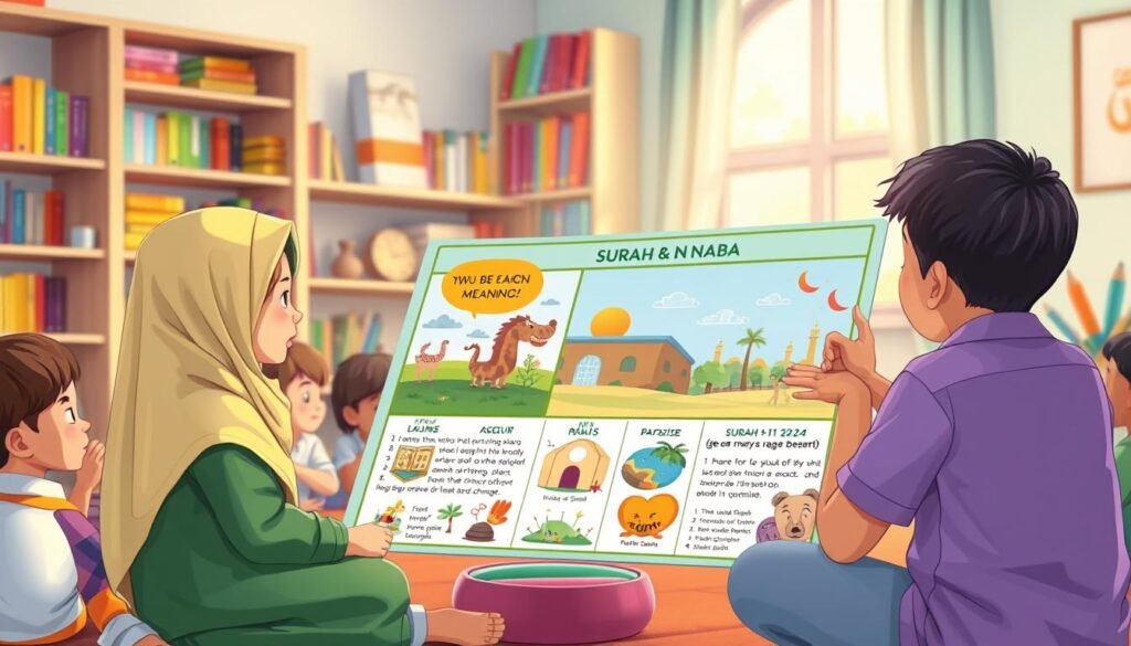 A vibrant and engaging illustration depicting a diverse group of children, aged 6-10, sitting in a cozy, well-lit classroom surrounded by colorful educational materials related to Surah An-Naba. In the foreground, two children, a girl wearing a hijab and a boy in a modest shirt, are focused on a large visual chart that illustrates the meanings of verses 21-24. The chart features cartoon-like imagery representing themes such as resurrection, divine mercy, and paradise, making these concepts visually relatable. The middle ground should showcase a teacher, gently explaining the meanings with animated expressions. In the background, shelves filled with books about Islamic teachings and art supplies suggest a lively learning environment. Soft, warm light filters through a window, creating an inspiring atmosphere. Alt Text: learn surah an-naba for children visual meaning by Ayah & Tardeed. A vibrant and engaging illustration depicting a diverse group of children, aged 6-10, sitting in a cozy, well-lit classroom surrounded by colorful educational materials related to Surah An-Naba. In the foreground, two children, a girl wearing a hijab and a boy in a modest shirt, are focused on a large visual chart that illustrates the meanings of verses 21-24. The chart features cartoon-like imagery representing themes such as resurrection, divine mercy, and paradise, making these concepts visually relatable. The middle ground should showcase a teacher, gently explaining the meanings with animated expressions. In the background, shelves filled with books about Islamic teachings and art supplies suggest a lively learning environment. Soft, warm light filters through a window, creating an inspiring atmosphere. Alt Text: learn surah an-naba for children visual meaning by Ayah & Tardeed.
