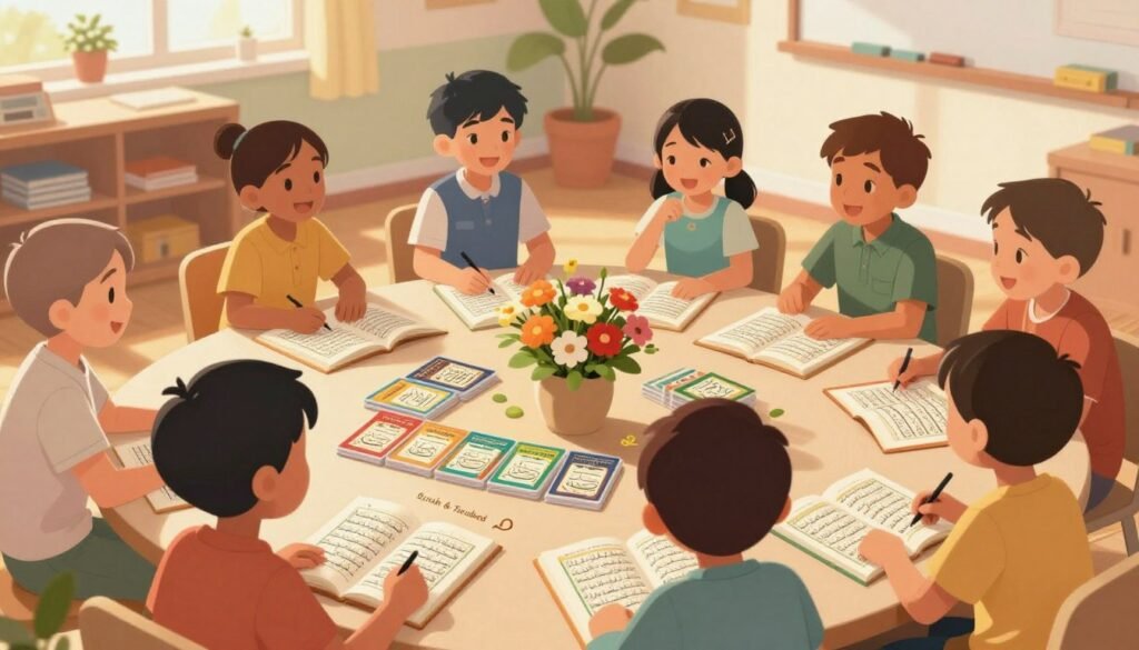A vibrant and engaging illustration showcasing children joyfully participating in a Quran memorization session, focusing on verses 6 to 9 of Surah An-Naba. In the foreground, a group of diverse children, dressed in modest casual clothing, are happily reciting verses with enthusiasm, surrounded by colorful educational materials featuring the text of the Quran. In the middle, a beautifully arranged bouquet of blossoming flowers symbolizes growth and knowledge, alongside a neatly organized set of flashcards labeled “Ayah & Tardeed.” The background features a serene classroom environment with soft, warm lighting filtering through windows, creating an uplifting atmosphere. Capture this moment from a slightly elevated angle to encompass both the children's excitement and the supportive learning space around them, promoting a sense of community and dedication in their learning journey.
