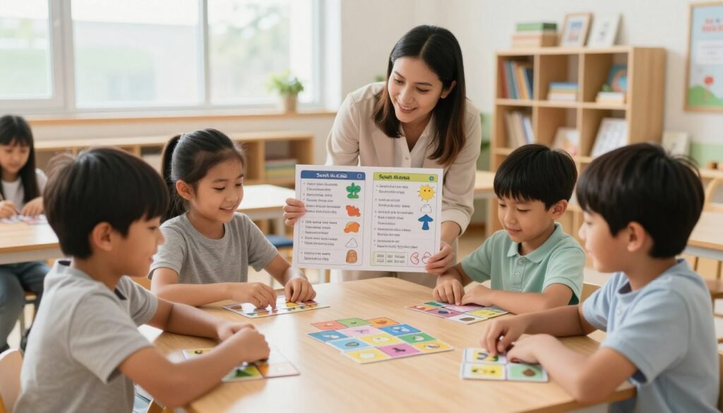 A vibrant and engaging scene illustrating memorization games for children, set in a warm and inviting classroom. In the foreground, two children engaged in a fun memory card game, smiling and concentrating intently on matching colorful cards depicting elements related to Surah An-Naba. Their modest casual clothing adds to the playful atmosphere. In the middle, a teacher provides support, showcasing a chart with verses and illustrations, fostering a joyful learning environment. The bright, natural light streaming in through large windows creates a cheerful ambiance, enhancing the sense of engagement. In the background, shelves filled with books and educational materials reflect a nurturing space. This image embodies a positive memorization routine for children. Alt Text: memorization games for children, Ayah & Tardeed.