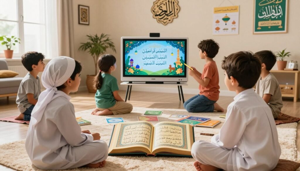 A vibrant and engaging scene of children aged 6 to 10 joyfully learning the Quran using visual aids, featuring colorful books and interactive game elements. In the foreground, two kids, one wearing traditional modest clothing, sit cross-legged on a soft rug, focusing on a large illustrated Quran open between them. In the middle ground, a small group of children stands around a digital screen displaying animated Quranic verses and beautiful Islamic art that captures their attention. The background depicts a warm, sunlit room adorned with decorative Arabic calligraphy and educational posters, evoking a sense of wonder and curiosity. Soft, natural lighting floods the scene from a nearby window, creating a cheerful and inspiring atmosphere. This image embodies the innovative approach of Ayah & Tardeed in Islamic education, celebrating the importance of visual learning in a modern context.