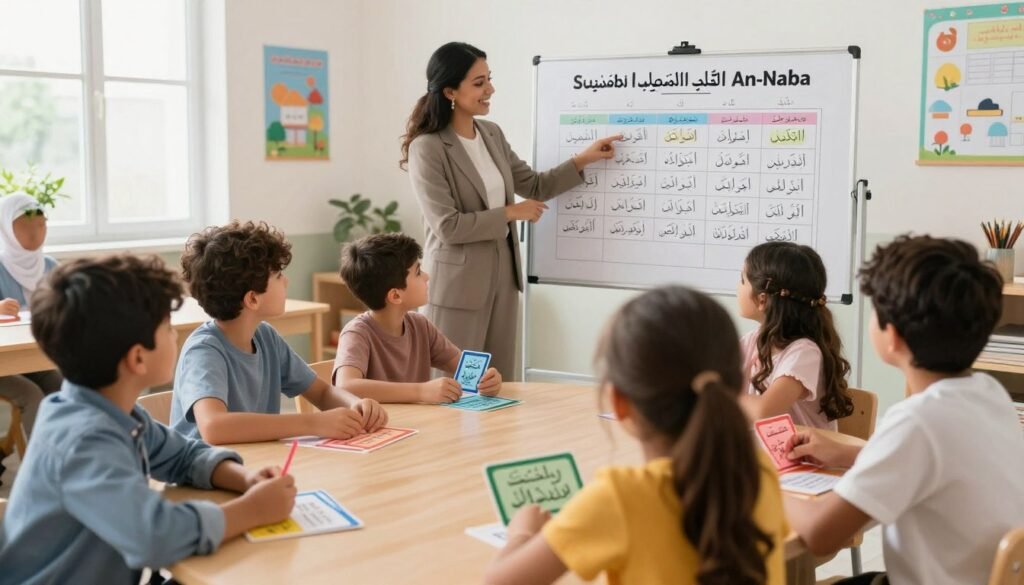 A visual sequence illustrating the memorization method for verses 3 to 5 of Surah An-Naba, aimed at children. In the foreground, a diverse group of children, ages 6 to 9, dressed in modest casual clothing, are actively engaged in learning, using colorful flashcards with Arabic verses. In the middle, a teacher, wearing professional attire, demonstrates the memorization technique, pointing at a large visual chart displaying key themes from the verses. The background shows a bright and welcoming classroom environment, with educational posters and soft, natural lighting coming through large windows. The mood is cheerful and encouraging, emphasizing a supportive atmosphere for learning. Capture this scene with a wide-angle lens to include all elements while maintaining focus on the interaction between the children and the teacher. Alt Text: A visual sequence illustrating the memorization method for verses 3 to 5 of Surah An-Naba. Ayah & Tardeed.