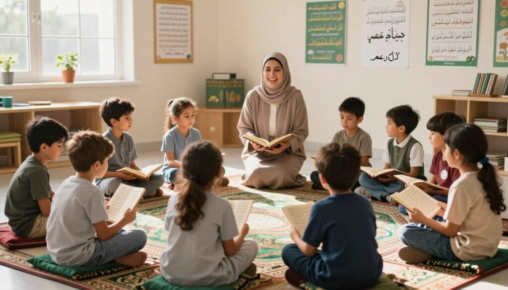 A warm and inviting classroom scene featuring children engaged in memorizing Quranic verses, specifically focusing on "جزء عم." In the foreground, a diverse group of children, aged 6-9, are seated in a semi-circle on colorful rugs, showing enthusiasm and concentration as they recite verses. The middle ground showcases a supportive teacher, a woman in modest, professional attire, guiding the children with a smile, holding a Quran. The background is softly lit with natural sunlight streaming through large windows, illuminating educational posters related to Quranic verses. The atmosphere is joyful and encouraging, fostering a love for learning. Incorporate elements that reflect the brand "Ayah & Tardeed," such as a visible logo on educational materials. Alt Text: Transforming the experience of memorizing "جزء عم" for children.