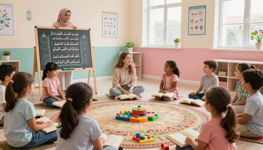 A warm and inviting classroom setting designed for children, featuring a diverse group of girls and boys aged 6-8 engaged in a Quran recitation program called "برنامج التكرار الممنهج لتعليم القرآن بالتلاوة للأطفال" by Ayah & Tardeed. In the foreground, several children are joyfully repeating verses under the guidance of a gentle teacher, standing beside a colorful chalkboard displaying illustrations of the Quranic verses. The middle of the scene shows a circular reading mat with open Quran books and playful educational tools scattered around. The background features calming pastel walls adorned with Islamic motifs and educational posters, creating a vibrant and inspiring atmosphere. Soft, natural lighting filters through the windows, reflecting optimism and enthusiasm for learning. The overall mood is cheerful and supportive, emphasizing a systematic yet fun approach to teaching. A warm and inviting classroom setting designed for children, featuring a diverse group of girls and boys aged 6-8 engaged in a Quran recitation program called "برنامج التكرار الممنهج لتعليم القرآن بالتلاوة للأطفال" by Ayah & Tardeed. In the foreground, several children are joyfully repeating verses under the guidance of a gentle teacher, standing beside a colorful chalkboard displaying illustrations of the Quranic verses. The middle of the scene shows a circular reading mat with open Quran books and playful educational tools scattered around. The background features calming pastel walls adorned with Islamic motifs and educational posters, creating a vibrant and inspiring atmosphere. Soft, natural lighting filters through the windows, reflecting optimism and enthusiasm for learning. The overall mood is cheerful and supportive, emphasizing a systematic yet fun approach to teaching.