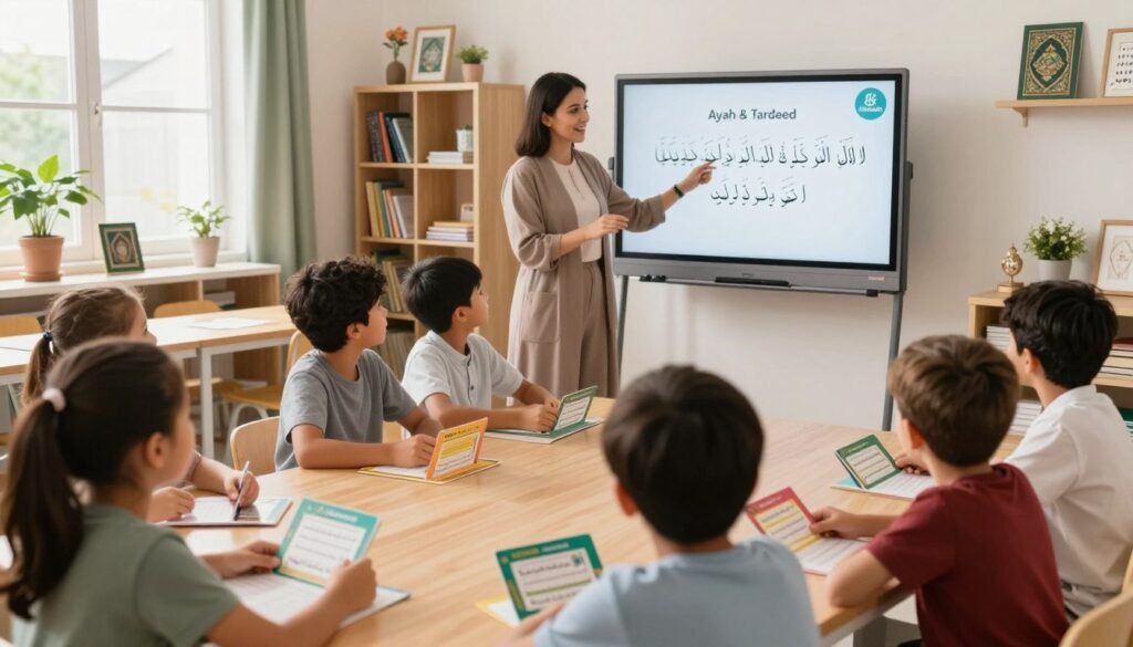 A warm and inviting classroom setting filled with children aged 6-10 actively engaging in Quran memorization. In the foreground, a diverse group of kids with focused expressions, reviewing Quranic verses with colorful flashcards labeled with verses. In the middle, a dedicated teacher, dressed in professional attire, demonstrating memorization techniques using an interactive whiteboard featuring the “Ayah & Tardeed” logo. The background shows bright shelves filled with Islamic books and decorative elements that reflect a nurturing environment. Soft, natural lighting streams in from large windows, creating a positive and motivating atmosphere. The overall mood is one of joy, concentration, and a sense of community, with an emphasis on lifelong learning and mastery of Quranic verses. Alt Text: Preventing Quran memorization loss in kids, featuring Ayah & Tardeed.