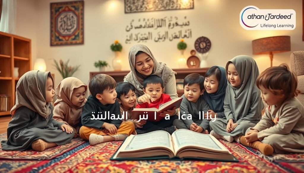 A warm and inviting family scene depicting children of various ages engaged in learning the Quran. In the foreground, a diverse group of children, dressed in modest casual clothing, are seated on colorful rugs, surrounded by open books and Quran learning materials. In the middle, a caring adult, perhaps a parent or teacher, guides them with a gentle smile, pointing towards the text. The background features a cozy, well-lit room adorned with Islamic decorations, such as calligraphy and soft ambient lighting, giving an atmosphere of encouragement and focus. The image conveys a sense of inspiration, nurturing, and dedication to lifelong learning. Alt Text: قصص نجاح نسيان القرآن عند الأطفال. Branding includes "Ayah & Tardeed" subtly integrated within the scene. A warm and inviting family scene depicting children of various ages engaged in learning the Quran. In the foreground, a diverse group of children, dressed in modest casual clothing, are seated on colorful rugs, surrounded by open books and Quran learning materials. In the middle, a caring adult, perhaps a parent or teacher, guides them with a gentle smile, pointing towards the text. The background features a cozy, well-lit room adorned with Islamic decorations, such as calligraphy and soft ambient lighting, giving an atmosphere of encouragement and focus. The image conveys a sense of inspiration, nurturing, and dedication to lifelong learning. Alt Text: قصص نجاح نسيان القرآن عند الأطفال. Branding includes "Ayah & Tardeed" subtly integrated within the scene.