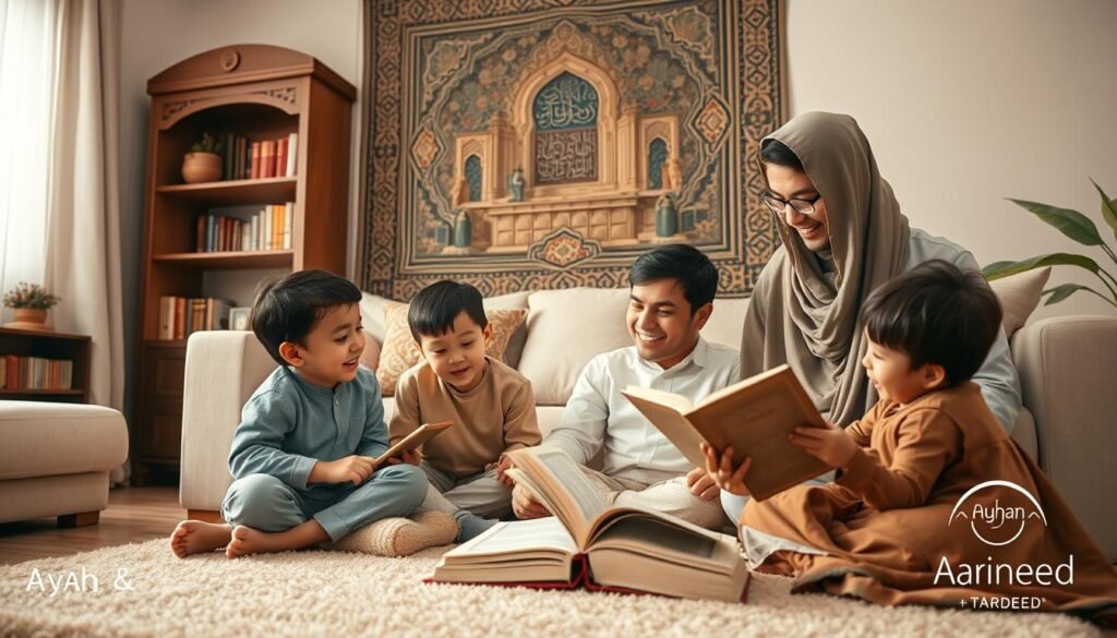 A warm and inviting family scene in a cozy living room where a mother and father, dressed in modest casual clothing, are happily engaged in teaching their children to memorize the Quran. The children, two boys and a girl, are sitting on a plush carpet, eagerly repeating after their parents, who are gently guiding them through the verses of Surah An-Naba. In the background, soft lighting illuminates the room, highlighting an ornate wooden bookshelf filled with Quranic texts. A beautiful tapestry depicting Islamic art adorns the wall. The atmosphere is bright and joyful, reflecting a nurturing and supportive environment that encourages learning. No text or watermarks are present. Alt Text: Family engaged in happy Quran memorization. Ayah & Tardeed branding subtly incorporated in decor.