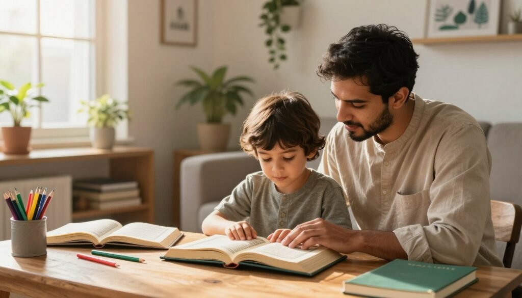A warm and inviting interior scene showing a parent and child engaged in learning the Quran together. In the foreground, the parent, dressed in modest casual clothing, sits beside a young child, who is focused and eager, both looking at an open Quran on a wooden table. The parent is gently guiding the child with a supportive expression. In the middle, open books and colorful stationery are scattered around, enhancing the atmosphere of creativity and learning. In the background, soft sunlight filters through a window, casting a golden glow and highlighting a cozy environment filled with plants and inspirational decor. The mood is nurturing and encouraging, capturing the essence of a supportive learning relationship. The image reflects the brand "Ayah & Tardeed."