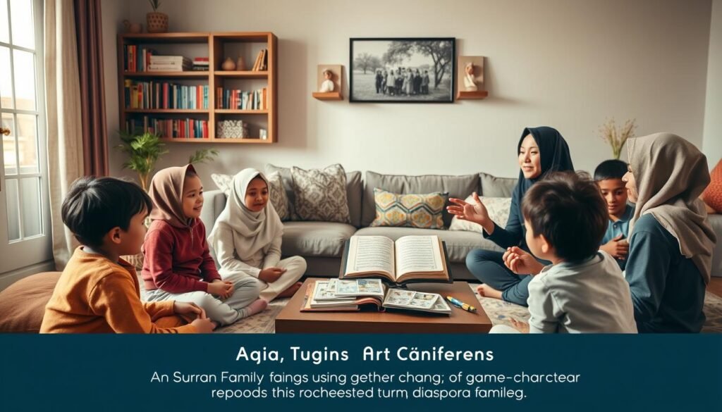 A warm and inviting scene portraying a diverse diaspora family gathered in a cozy living room, engaged in a spirited learning session. In the foreground, children of different ethnic backgrounds, dressed in modest casual clothing, are sitting cross-legged on colorful cushions, attentively listening to a parent who teaches them Surah An-Naba using a repetition method. In the middle ground, the parent, wearing professional business attire, gestures enthusiastically with a Quran displayed on a low table, surrounded by educational materials like flashcards. The background features shelves filled with books and family photos, creating a personal atmosphere. Soft, natural lighting filters through a window, casting a gentle glow that enhances the warmth of the moment. The scene embodies the message of "Ayah & Tardeed" as a game-changer for diaspora families, inspiring connection and learning.