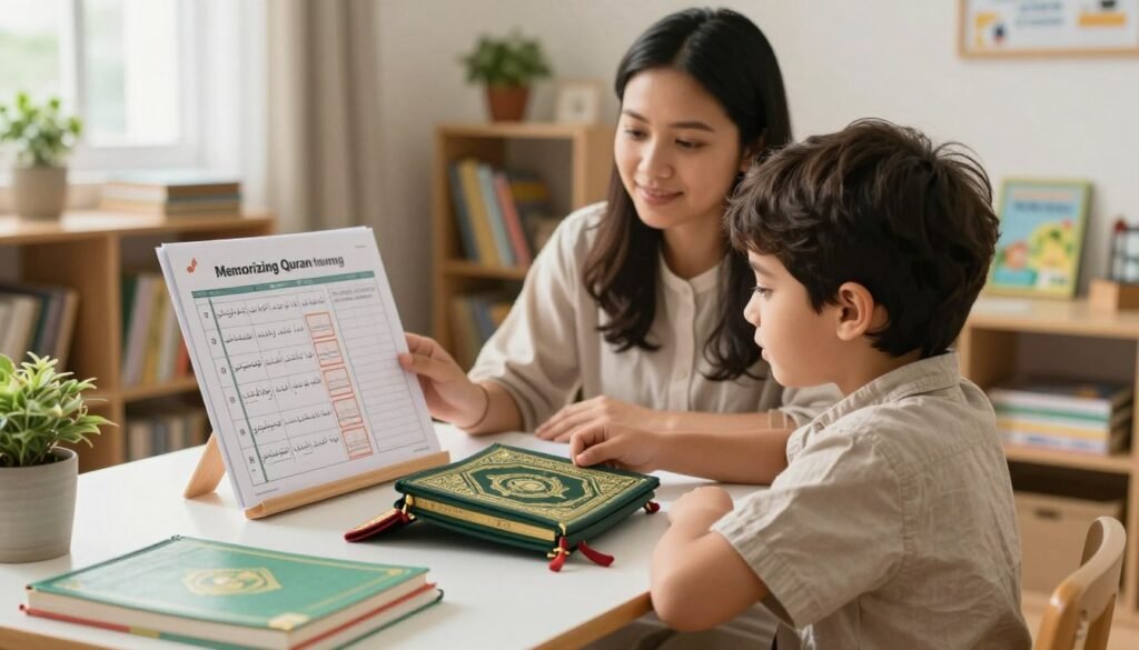 A warm, inviting classroom setting focusing on a child learning to memorize the Quran. In the foreground, a young child, wearing a modest casual outfit, sits at a desk surrounded by colorful study materials, including a beautifully designed Quran. The child is engaged and focused, with notes and a visual action plan displayed prominently, illustrating steps for effective memorization. In the middle ground, a supportive parent sits beside the child, offering guidance and encouragement. Soft, natural light filters through a window, creating a calm atmosphere. The background features bookshelves filled with educational resources, plants adding a touch of nature, and a peaceful ambiance conducive to learning. The image embodies a sense of dedication, warmth, and support, representing the brand Ayah & Tardeed effectively. Alt Text: memorizing Quran without forgetting action plan, child studying in a classroom. A warm, inviting classroom setting focusing on a child learning to memorize the Quran. In the foreground, a young child, wearing a modest casual outfit, sits at a desk surrounded by colorful study materials, including a beautifully designed Quran. The child is engaged and focused, with notes and a visual action plan displayed prominently, illustrating steps for effective memorization. In the middle ground, a supportive parent sits beside the child, offering guidance and encouragement. Soft, natural light filters through a window, creating a calm atmosphere. The background features bookshelves filled with educational resources, plants adding a touch of nature, and a peaceful ambiance conducive to learning. The image embodies a sense of dedication, warmth, and support, representing the brand Ayah & Tardeed effectively. Alt Text: memorizing Quran without forgetting action plan, child studying in a classroom.
