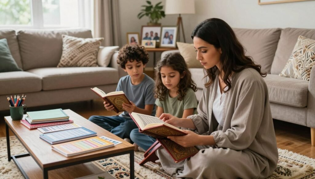 A warm, inviting living room setting portrays a diverse family engaged in Quran learning at home, reflecting the diaspora experience. In the foreground, a mother, wearing modest casual clothing, is seated on a plush rug with her two children, attentively reading from a beautifully decorated Quran. The children, a boy and a girl, are focused and eager, their expressions filled with curiosity. The middle ground features a coffee table cluttered with colorful Quran learning materials, such as notebooks and revision cards, while soft, natural light filters in through a large window, enhancing the cozy atmosphere. In the background, family photos and cultural artifacts blend, symbolizing the richness of their heritage. The scene captures a nurturing ambiance, emphasizing the strength that comes from their unique challenges while learning. Photography inspired by Ayah & Tardeed. A warm, inviting living room setting portrays a diverse family engaged in Quran learning at home, reflecting the diaspora experience. In the foreground, a mother, wearing modest casual clothing, is seated on a plush rug with her two children, attentively reading from a beautifully decorated Quran. The children, a boy and a girl, are focused and eager, their expressions filled with curiosity. The middle ground features a coffee table cluttered with colorful Quran learning materials, such as notebooks and revision cards, while soft, natural light filters in through a large window, enhancing the cozy atmosphere. In the background, family photos and cultural artifacts blend, symbolizing the richness of their heritage. The scene captures a nurturing ambiance, emphasizing the strength that comes from their unique challenges while learning. Photography inspired by Ayah & Tardeed.