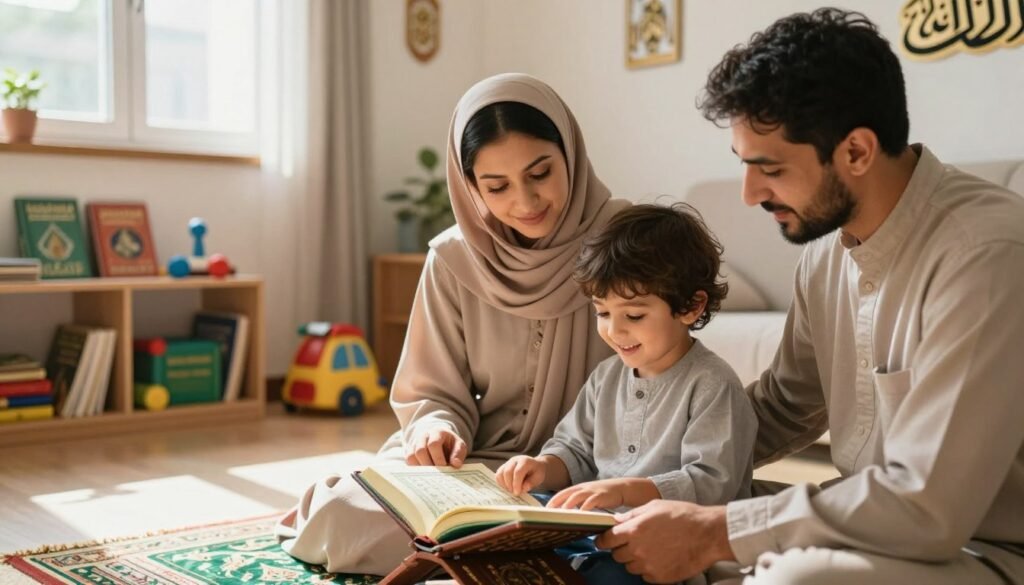 A warm, inviting scene depicting parents supporting their children in learning the Quran. In the foreground, a mother and father, dressed in modest, comfortable clothing, sit closely with their young child, who is eagerly reading from a beautifully illustrated Quran. The child, around six years old, has a look of concentration and joy. In the middle ground, a cozy room filled with educational toys and shelves lined with Islamic books creates a nurturing environment. Soft, natural light streams through a window, accentuating the intimacy of the moment. In the background, there's a decorative wall featuring Arabic calligraphy, subtly enhancing the theme of learning. The overall mood is encouraging and supportive, embodying the article's spirit of nurturing faith and educational growth in children. The brand "Ayah & Tardeed" is subtly integrated into the room's decor, represented as a decorative element.