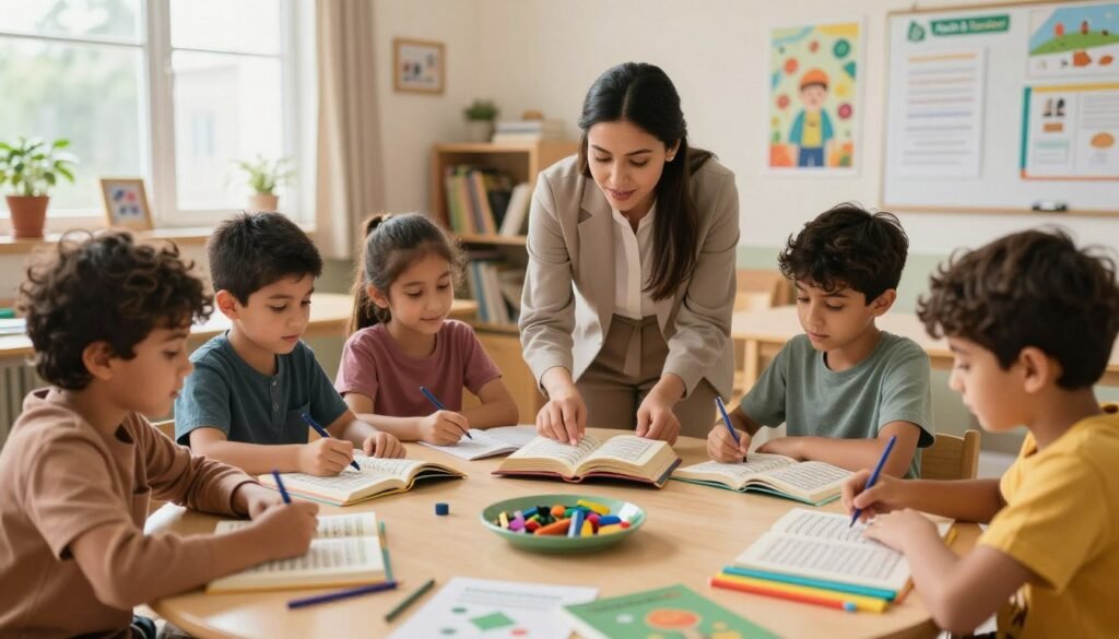 A warm, inviting scene showcasing the benefits of Quran memorization for kids. In the foreground, a diverse group of children aged 6-10, dressed in modest casual clothing, joyfully engage in memorizing Surah An-Naba verses, surrounded by colorful educational materials and art supplies. In the middle, a teacher, dressed in professional attire, provides guidance, embodying warmth and enthusiasm. The background features a bright, inviting classroom filled with bookshelves and inspiring posters. Soft, natural lighting filters through large windows, casting a gentle glow over the scene, creating a positive and uplifting atmosphere. Alt Text: benefits of quran memorization for kids, with the brand name "Ayah & Tardeed" subtly integrated into educational materials in the classroom.