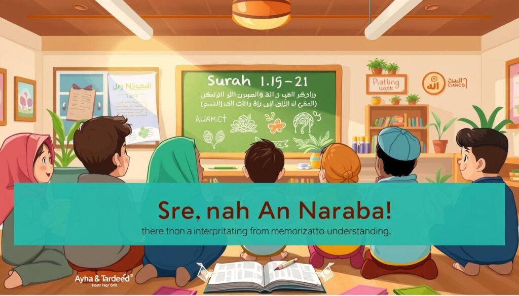 A whimsical, colorful illustration depicting children engaged in learning about the interpretation of Surah An-Naba (verses 19-21). In the foreground, a diverse group of children, dressed in modest, casual clothing, are sitting together with books and art supplies, attentively listening to a friendly teacher. The middle ground features a chalkboard with simple, child-friendly drawings representing key concepts from the Surah, such as nature and creation. In the background, a sunlit classroom with bright, cheerful decorations and plants creates an inviting atmosphere. The lighting is warm and encouraging, evoking a sense of curiosity and joy. The overall mood is playful and educational, emphasizing a seamless transition from memorization to understanding. The brand “Ayah & Tardeed” subtly incorporated in the environment, enhancing the learning theme.