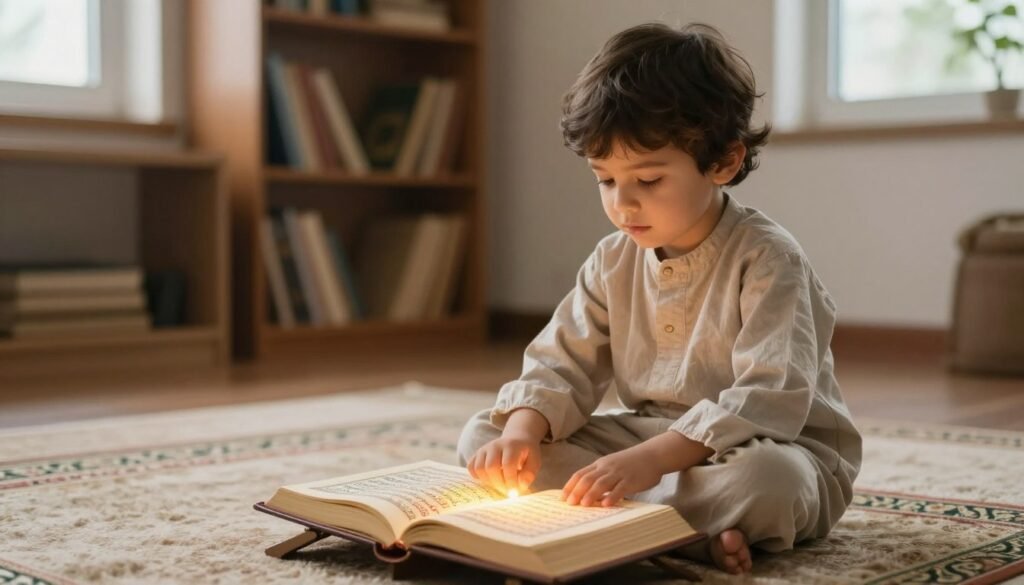 A young child sitting cross-legged on a soft carpet, deeply focused on a beautifully illuminated open Quran in front of them, with colorful tajweed marks highlighted on the pages. The child, wearing a simple but modest outfit, has an expression of curiosity and determination. In the background, a warm, inviting room filled with bookshelves containing more religious texts, soft natural light filtering through a nearby window, creating a peaceful study atmosphere. A gentle glow emphasizes the Quran, symbolizing the importance of learning. The scene captures a moment of concentration and reverence, conveying a sense of calm and inspiration in a nurturing educational environment. A young child sitting cross-legged on a soft carpet, deeply focused on a beautifully illuminated open Quran in front of them, with colorful tajweed marks highlighted on the pages. The child, wearing a simple but modest outfit, has an expression of curiosity and determination. In the background, a warm, inviting room filled with bookshelves containing more religious texts, soft natural light filtering through a nearby window, creating a peaceful study atmosphere. A gentle glow emphasizes the Quran, symbolizing the importance of learning. The scene captures a moment of concentration and reverence, conveying a sense of calm and inspiration in a nurturing educational environment.