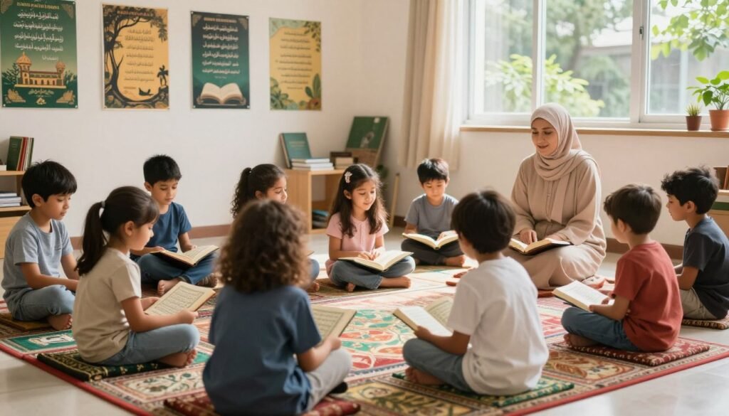 Foreground: A diverse group of young children, seated on colorful rugs, engaged in memorizing the Quran with the guidance of a compassionate teacher. Each child is focused, displaying joy and curiosity. Children are wearing modest, casual clothing. Middle: The classroom is adorned with inspirational posters depicting verses from the Quran and nature, creating a warm and inviting atmosphere. A few books and stationery are scattered around, symbolizing learning. Background: A bright, sunlit window casting gentle light into the room, enhancing a sense of tranquility. Lush greenery visible outside symbolizes growth and knowledge. The mood is peaceful and encouraging, highlighting the benefits of early Quran learning, such as inner peace, community bonding, and cognitive development. The scene is lively yet serene, making it an ideal visual for the topic. Alt Text: Benefits of Learning Quran at a Young Age - Ayah & Tardeed.