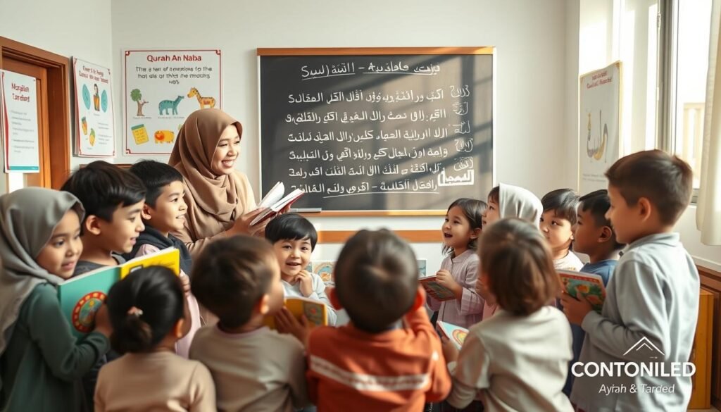 In a cozy, brightly lit classroom, a group of young children enthusiastically gathers around an engaging teacher, a woman in modest, professional attire, as she demonstrates techniques to memorize Quran verses. The foreground features a diverse group of smiling children, some holding colorful Quran books, while others are attentively listening and repeating verses. In the middle ground, a chalkboard displays the verses from Surah An-Naba, with colorful drawings that illustrate the themes of the verses. The background shows educational posters about Quran memorization techniques, with soft sunlight streaming through the windows, creating an inviting and warm atmosphere. Capture the sense of joy and determination, conveying a supportive learning environment. The brand "Ayah & Tardeed" subtly included in the classroom decor adds to the authenticity of the scene.
