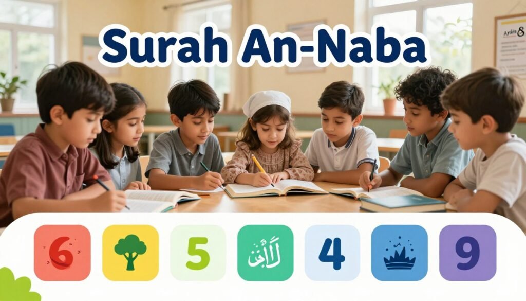 Visual anchors for memorizing Surah An-Naba, displayed on a colorful, educational poster. In the foreground, a set of vibrant icons representing key concepts from verses 6-9, such as nature, creation, and the afterlife, with each icon distinct and simplified for easy recognition. In the middle, an engaging illustration of children studying together, focused and enthusiastic, dressed in modest casual clothing, using the poster as a learning tool with pencils and books scattered around. The background features a warm, inviting classroom setting with soft, natural lighting filtering through large windows. The mood is encouraging and educational, promoting a sense of community and teamwork. Include the brand name "Ayah & Tardeed" subtly integrated into the design. Alt Text: Visual anchors for memorizing Surah An-Naba.