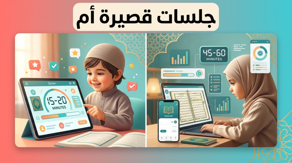 طفل وفتاة يستخدمان تطبيق حفظ القرآن على أجهزة لوحية وهواتف ذكية تُظهر جلسات تحفيظ بمدة 45-60 دقيقة مع رسوم بيانية توضح التقدم والإحصائيات