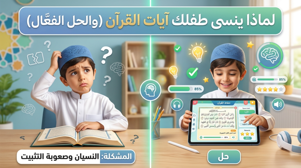 طفل صغير يحفظ آيات القرآن الكريم مع والدته في البيت بطريقة منظمة