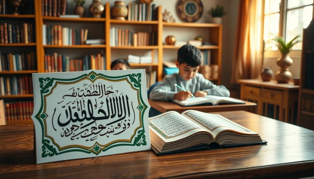 A beautifully designed "جدول تحفيظ القرآن" (Qur'an Memorization Table) prominently positioned in the foreground, displaying colorful sections with traditional Arabic calligraphy. The table is adorned with decorative Islamic motifs and intricate patterns. In the middle ground, two children of different ethnicities, engaged and focused, are reciting verses from the Qur'an, seated at a wooden table with notebooks and pens. Soft, warm lighting filters in from a nearby window, creating an inviting and serene atmosphere. The background features a cozy study room with bookshelves filled with Islamic books and decor, enhancing the scene's educational and spiritual vibe. The image evokes a sense of dedication and joy in learning, perfectly illustrating the importance of effective memorization techniques for children.