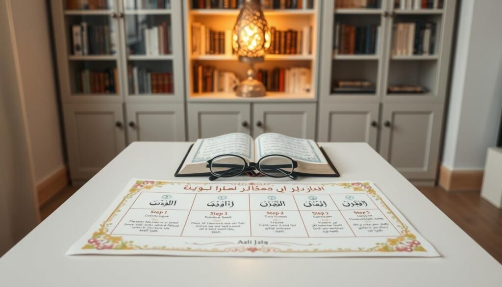 A beautifully designed "جدول تحفيظ القرآن" spread across a clean, well-organized table in a serene study environment. In the foreground, a colorful, illustrated chart divided into five clear sections, each representing a step in the memorization process, with decorative elements like floral borders and Arabic calligraphy. In the middle, an open Quran with a pair of spectacles resting on its pages, symbolizing focus and study. The background features a softly lit bookshelf filled with Islamic literature and a small decorative lamp casting warm, inviting light, creating a peaceful and inspiring atmosphere. The scene is captured from a slightly elevated angle, providing a comprehensive view of the table. The overall mood is calm and encouraging, perfect for children learning.