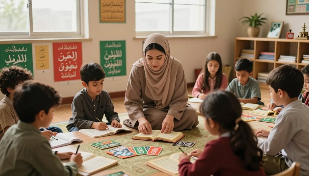 A serene classroom setting, showcasing a group of diverse children aged 6-8, attentively learning Quranic verses. In the foreground, a dedicated teacher, clothed in modest attire, is gently guiding a child struggling with their recitation, highlighting the common mistakes made during memorization. Surrounding them are educational materials like colorful flashcards and visual aids, fostering a supportive atmosphere. The middle ground features vibrant learning posters on the walls displaying simple Arabic letters and Quranic phrases. Soft, warm lighting filters through large windows, casting a calming glow over the scene, enhancing the mood of focused learning and patience. In the background, shelves filled with books and Islamic decor create an inviting, nurturing environment that encourages spiritual growth.