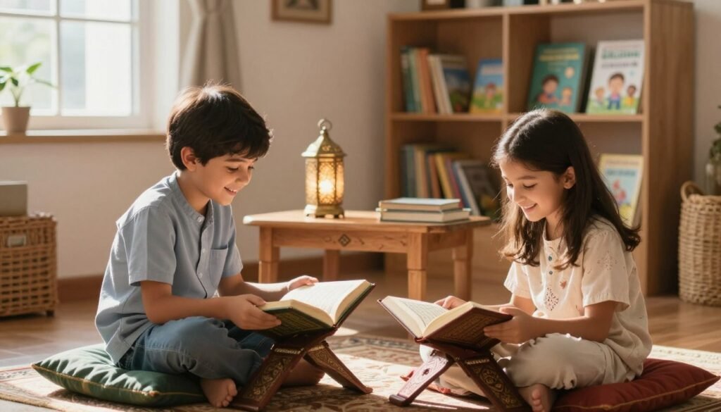 A warm and inviting scene depicting children joyfully reading the Quran together in a cozy, sunlit room. In the foreground, two children, a boy and a girl, are sitting on colorful cushions, engaged and smiling as they follow along with the Quran in their hands. The middle ground features a small wooden table with Islamic decorations and a traditional lamp casting soft light. In the background, bookshelves filled with children's Islamic books and a window with gentle sunlight streaming in, creating a serene atmosphere. The overall mood is peaceful and nurturing, emphasizing connection and learning in a harmonious environment, perfect for encouraging a love of reading the Quran without overwhelming the children.