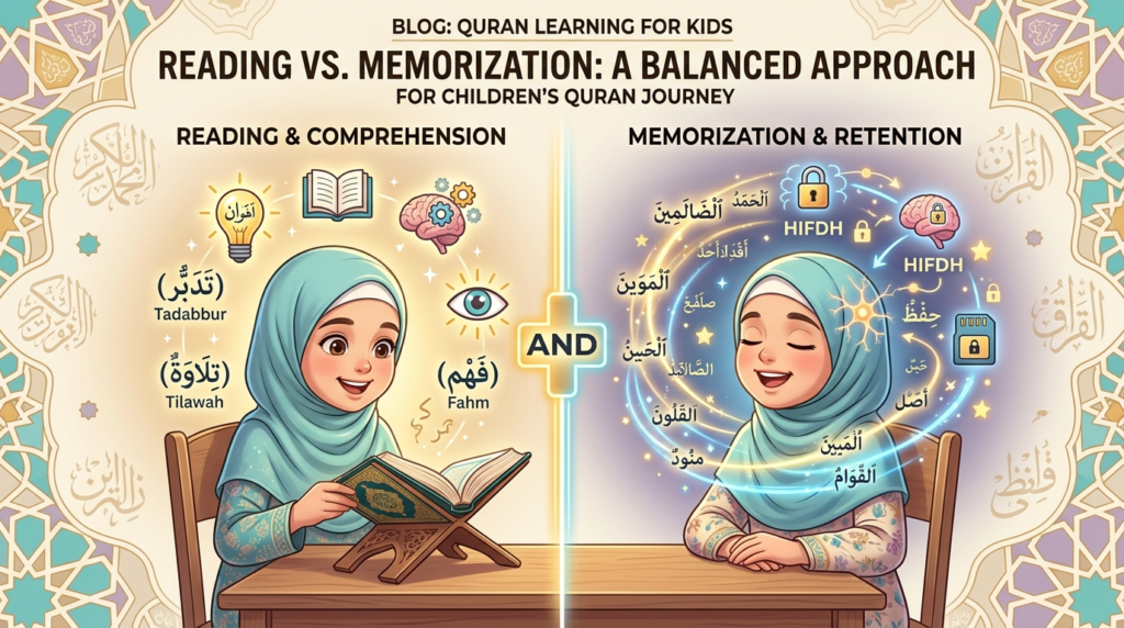 رسم توضيحي يوضح الفرق بين القراءة والحفظ في تعليم القرآن للأطفال — طفلة تقرأ القرآن من المصحف على اليسار وطفلة تحفظ الآيات من الذاكرة على اليمين مع كلمة AND في المنتصف للدلالة على أهمية الجمع بينهما