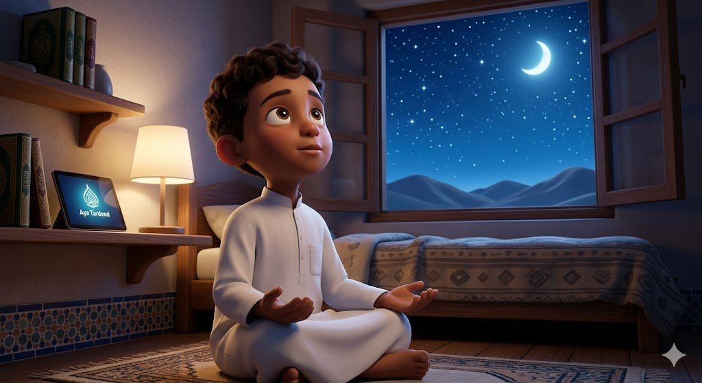 الطفل ياسين يتأمل في النجوم أثناء رحلة تحفيظ سورة الغاشية للأطفال بأسلوب ممتع.