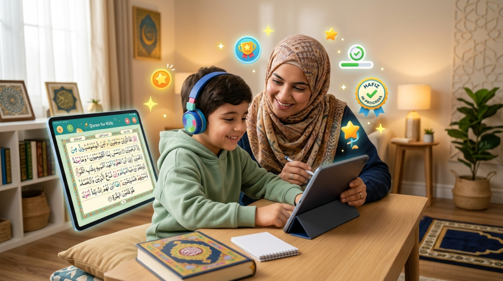 أم محجبة تساعد طفلها على تعلم القرآن عبر جهاز لوحي في المنزل