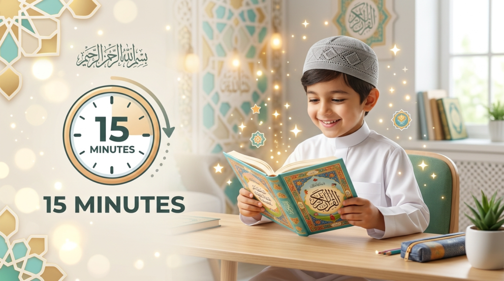 طفل مبتسم يرتدي ثوباً أبيض وطاقية يقرأ القرآن الكريم على طاولة مع رمز ساعة 15 دقيقة لحفظ سور القرآن للأطفال يومياً
