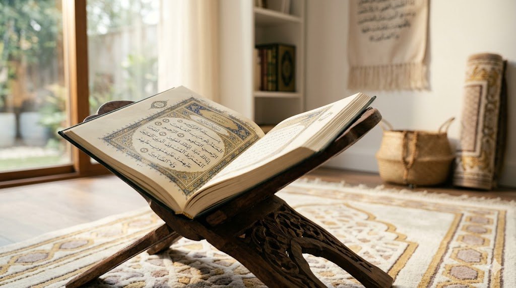 مصحف مفتوح على سورة الفاتحة في ركن صلاة هادئ ومضاء بنور الشمس