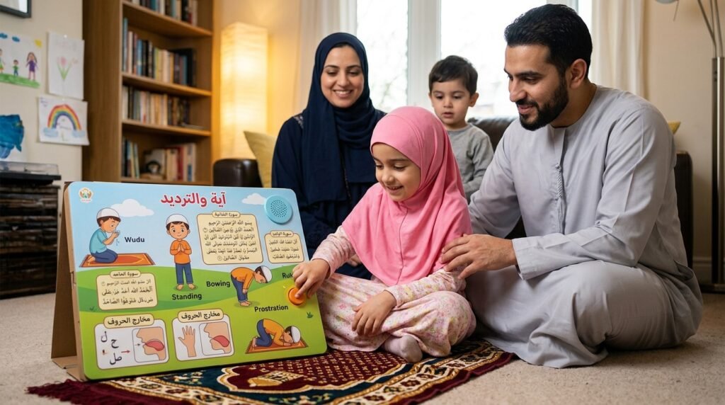 حقيبة تعليم الصلاة للاطفال من منصة آية والترديد مع عائلة مسلمة في المنزل